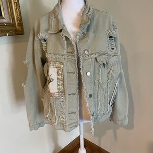 POL Distressed Denim Jacket with Embellished Patches